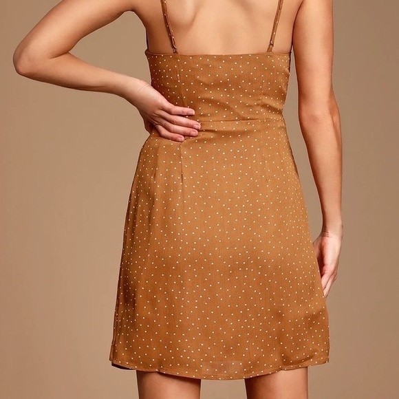 Lulus Missy Rust Orange Polka Dot Satin Knotted Front Mini Dress Size Small - Picture 9 of 14